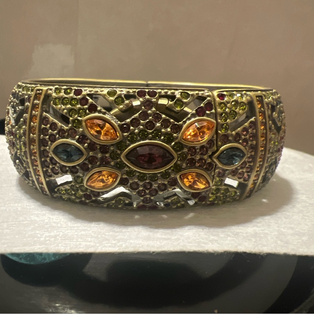 Heidi Daus hinge,Swarovski Green & Orange Gemstone Filigree Bracelet w/watch
